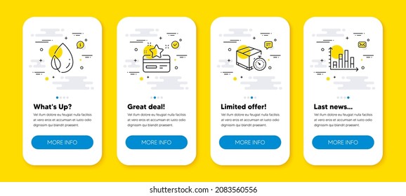 Vector set of Loyalty card, Leaf dew and Delivery timer line icons set. UI phone app screens with line icons. Diagram graph icon. Bonus points, Water drop, Express logistics. Vector