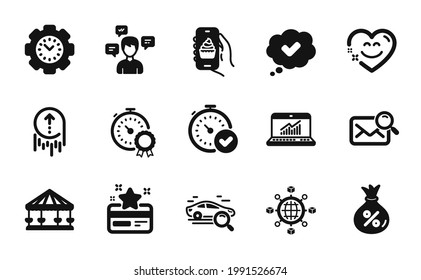 Vektorset von Loyalitätskarten, Swipe-up und Online-Statistiken Symbole einfach gesetzt. Bestes Ergebnis: Konversationsnachrichten und Karussellsymbole. Lächeln Chat, Logistik Netzwerk und genehmigte Schilder. Vektorgrafik