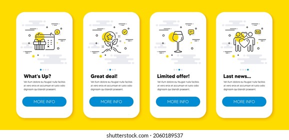 Vector set of Loyalty points, Christmas calendar and Bordeaux glass line icons set. UI phone app screens with line icons. Love couple icon. Bonus grows, Presents day, Wine glass. Lovers. Vector