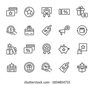 Vector set of loyalty program line icons. Contains icons cashback, bonus card, discount coupon, promotion, gift certificate, rewards program and more. Pixel perfect.