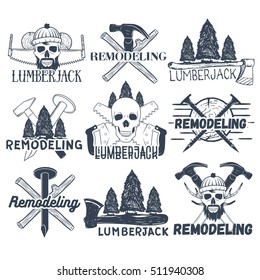 Vector set of lumberjack, carpenter and remodelers logotypes. Skulls, logs, crossed axes, hammers, saws and nails, sample text. Flat graphic style