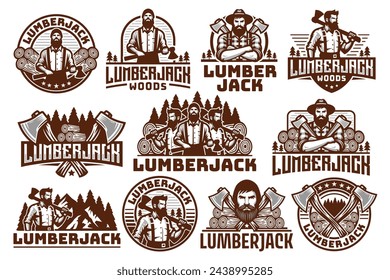 Vector set of lumberjack logo design template, retro vintage look, suitable for wood related business, easy to customized.