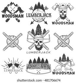 Vector set lumberjack logos, emblems, banners, labels or badges. Monochrome isolated illustration with woodsman, skull, axe, firewood, saw and forest silhouette on white background