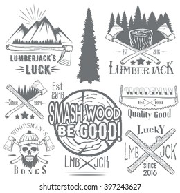 Vector set of lumberjack and woodsman vector labels in vintage style. Wood work and manufacture emblems templates. Design elements, icons, badges and stamps isolated on white background.