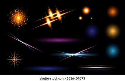 Vectorset van lichtgevende, sprankelende elementen: sterren, bokeh, schittering, bliksem, glanzende lijnen. Geïsoleerd op een zwarte achtergrond.