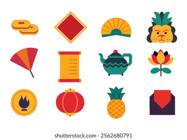 Vector set of Lunar New Year decoration elements. Isolated Chinese New Year icons, perfect for festive designs and celebrations.