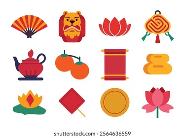 Vector set of Lunar New Year decoration elements. Isolated Chinese New Year icons, perfect for festive designs and celebrations.
