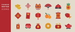 Vector Set Of Lunar Year Decorations Elements. Chinese New Year Icons.  All Elements Are Isolated. Chinese Text: Blessing, Happy Lunar Year.