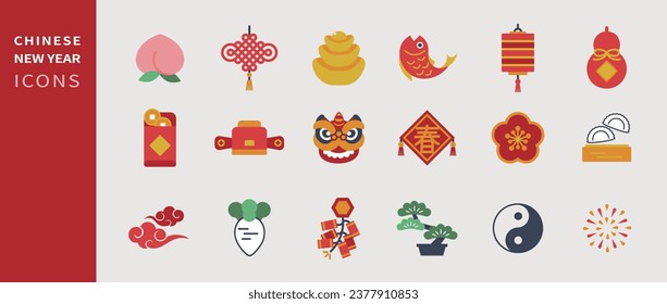 Vector set of Lunar year decorations elements. Chinese new year icons.  All elements are isolated. Chinese Text: Spring, Happy Lunar Year.