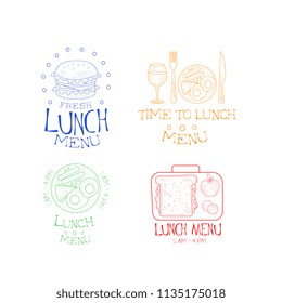 Vector set of lunch emblems in sketch style. Hand drawn logos with burger, traditional breakfast and sandwich in different colors