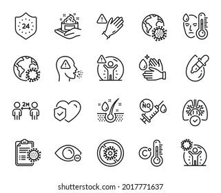 Vector set of Lungs, Coronavirus protection and Myopia line icons set. 24 hours, Coronavirus pandemic and Wash hands icons. Skin care, Serum oil and Cough signs. Lungs web symbol. Vector