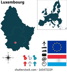 Vector set of Luxembourg country shape with flags, icons isolated and European Union