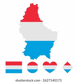 Vector set of Luxembourg high detailed map flag and national flag round badge isolated on white background.