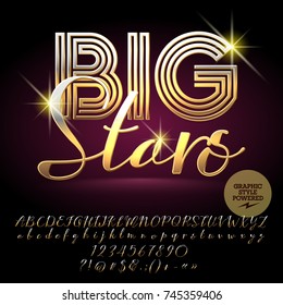 Vector set of Luxury Alphabet Letters. Golden Font contains Graphic Style. Vector icon with text Big Stars.