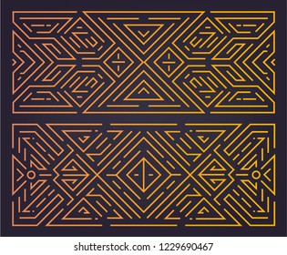 Conjunto vectorial de banderas lineales geométricas de arte antiguo de lujo. Diseñar plantillas para volantes, folletos, invitaciones, embalajes, fiestas retro y publicidad. Estilo monograma nouveau, patrón dorado