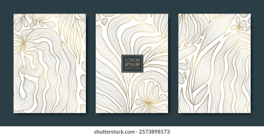 Vector set of luxury art flowers, line leaves floral background, covers, illustrations. Elegant deco floral design, gold print, vintage modern wallpaper