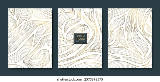 Vector set of luxury art flowers, line leaves floral background, covers, illustrations. Elegant deco floral design, gold print, vintage modern wallpaper