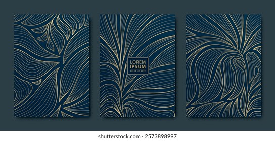 Vector set of luxury art flowers, line leaves floral background, covers, illustrations. Elegant deco floral design, gold print, vintage modern wallpaper