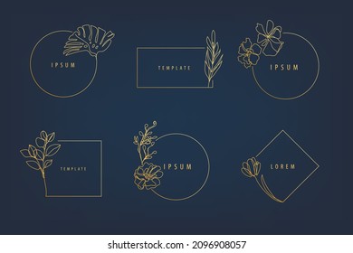 Conjunto vectorial de marcos florales de arte de lujo, plantillas de diseño de logotipo y conceptos de monograma, emblemas de estilo lineal para moda, belleza, red social. 