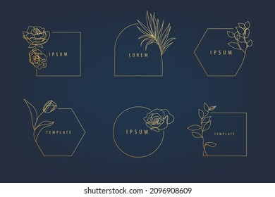 Conjunto vectorial de marcos florales de arte de lujo, plantillas de diseño de logotipo y conceptos de monograma, emblemas de estilo lineal para moda, belleza, red social. 