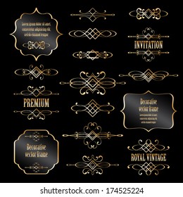 Vector set of luxury calligraphic design elements and page decor isolated on black background.