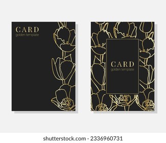 Vector set of luxury cards, templates with gold glittery flowers tulips for birthday, wedding, anniversary invitation 