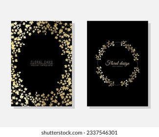 Vector set of luxury cards, templates with gold glittery flowers for birthday, wedding, anniversary invitation 