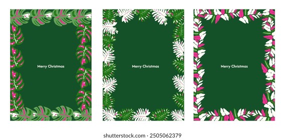 Vector set of luxury Christmas and happy new year holiday cover templates. Simple winter leaves frame of snowflakes on green background. Design for cards, greetings, wallpaper, posters.