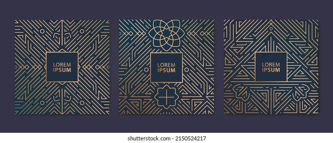 Vector set of luxury cover templates, square line art deco patterns. Design elements for placards, banners, flyers, presentations and cards