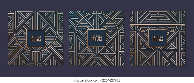 Vector set of luxury cover templates, square line art deco patterns with archs. Fancy design elements for placards, banners, flyers, presentations and cards.