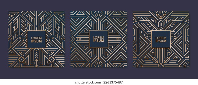 Vector set of luxury cover templates, square line art deco patterns. Fancy design elements for placards, banners, flyers, presentations, wine labels, perfume and cards.