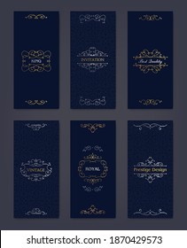 Vector set of luxury covers, flyers, cards, design elements, labels, icon and frames for packaging and design of luxury products. Vintage swirl logos. Golden, silver on dark background.