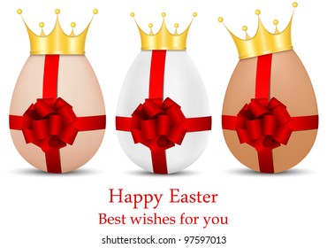 vector set of luxury Easter eggs in golden crowns and with red ribbons and bows