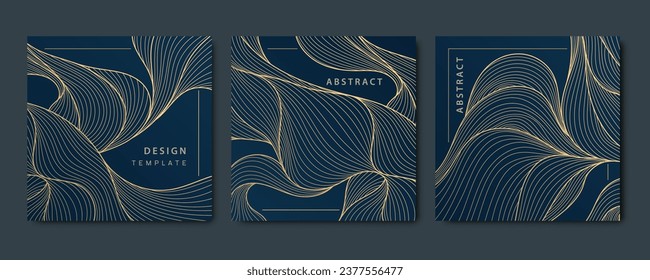 Vector set of luxury fancy golden patterns, linear style wavy cards. Art deco flow banners, wave post templates for social net, tags, covers.