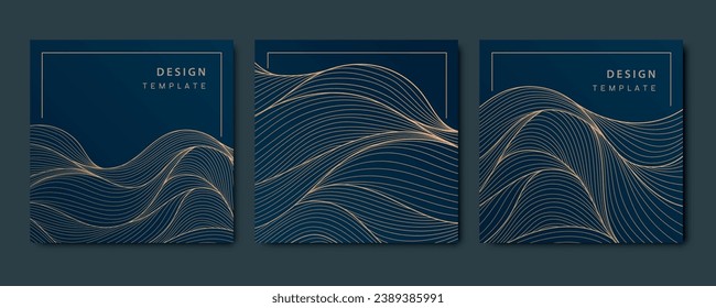 Vector set of luxury fancy golden patterns, linear style wavy cards. Art deco flow, ocean, river banners, wave post templates for social net, tags, covers.