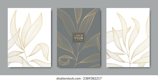 Vector set of luxury floral line pattern, golden background. Hand drawn plants, leaves for packaging, social media post, cover, banner, creative post and wall arts.