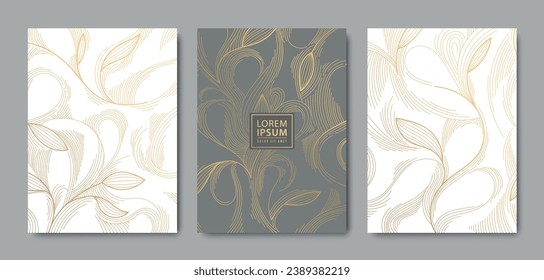 Vector set of luxury floral line pattern, golden background. Hand drawn plants, leaves for packaging, social media post, cover, banner, creative post and wall arts.