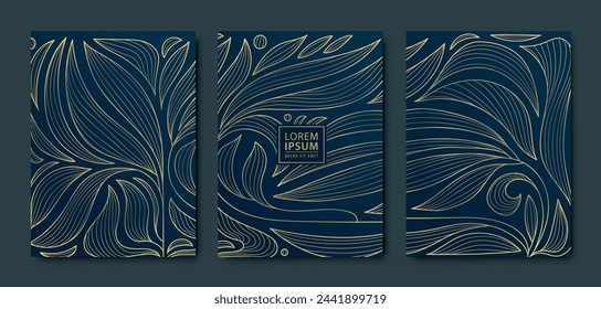 Vector set of luxury floral line patterns, art deco cards with leaves and florals. Royal plant ornament. Golden on black. Fancy wedding invites, perfume, wine package, flyers, labels