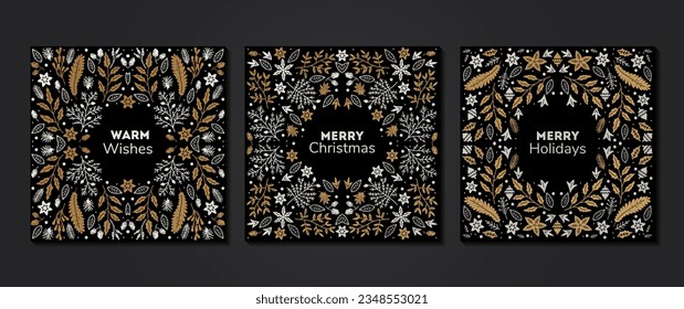 Vector set of luxury floral patterns, invitation cards, banners. Merry Christmas sketch winter flowers design Package for perfume, jewelry