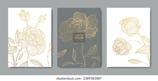 Vector set of luxury flower line pattern, golden background. Hand drawn plants, leaves, flowers for packaging, social media post, cover, banner, creative post and wall arts.