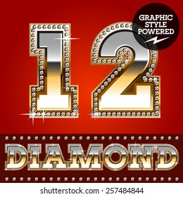 Vector set of luxury font in gold color with diamond border. Numbers 1 2 