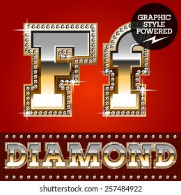 Vector set of luxury font in gold color with diamond border. Letter F 