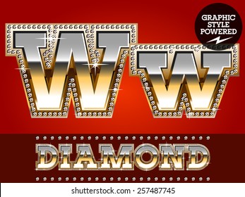 Vector set of luxury font in gold color with diamond border. Letter W