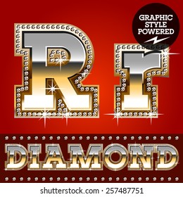 Vector Set Of Luxury Font In Gold Color With Diamond Border. Letter R