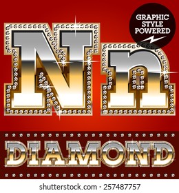 Vector set of luxury font in gold color with diamond border. Letter N
