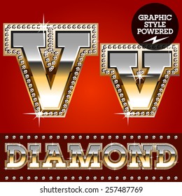 Vector set of luxury font in gold color with diamond border. Letter V