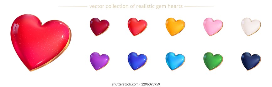 Vector set of luxury gem valentines. Detailed icons of beautiful hearts with a different colors. Collection of realistic 3D cabochons. Rich precious elements for design of wedding and romantic fashion