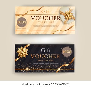 Vector set of luxury gift vouchers with ribbons and gift box. Elegant template for a festive gift card, coupon and certificate. Discount Coupon Template Vector Illustration EPS10