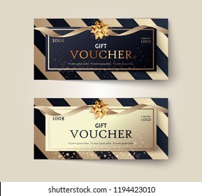 Vector set of luxury gift vouchers with ribbons and gift box. Elegant template for a festive gift card, coupon and certificate. Discount Coupon Template Vector Illustration EPS10