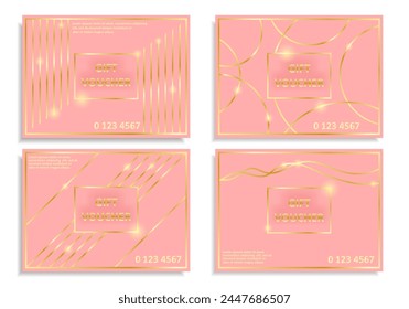 Conjunto de Vector de vales de regalo de lujo con marcos dorados y detalles decorativos sobre el suave fondo rosa. Elegante Plantilla para una Tarjeta de regalo festiva, Cupón y certificado. 